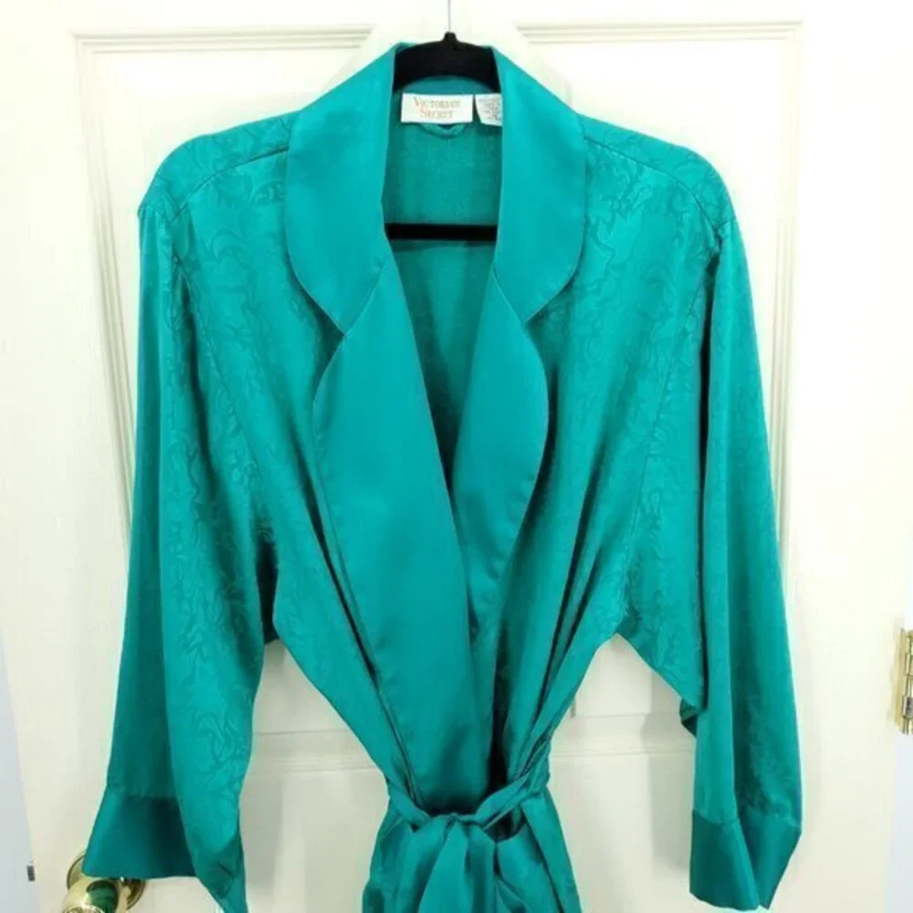 VTG Victoria's Secret Gold Label Full Length Satin Robe M Green
